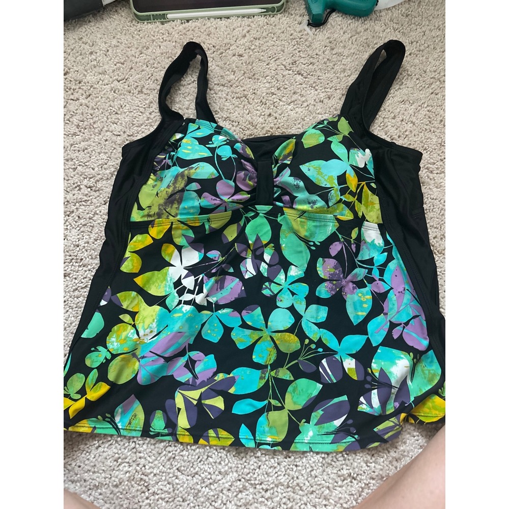 Floral Tankini Swim Top Tropical Plus Size 18W Black Teal Green Summer Beachwear